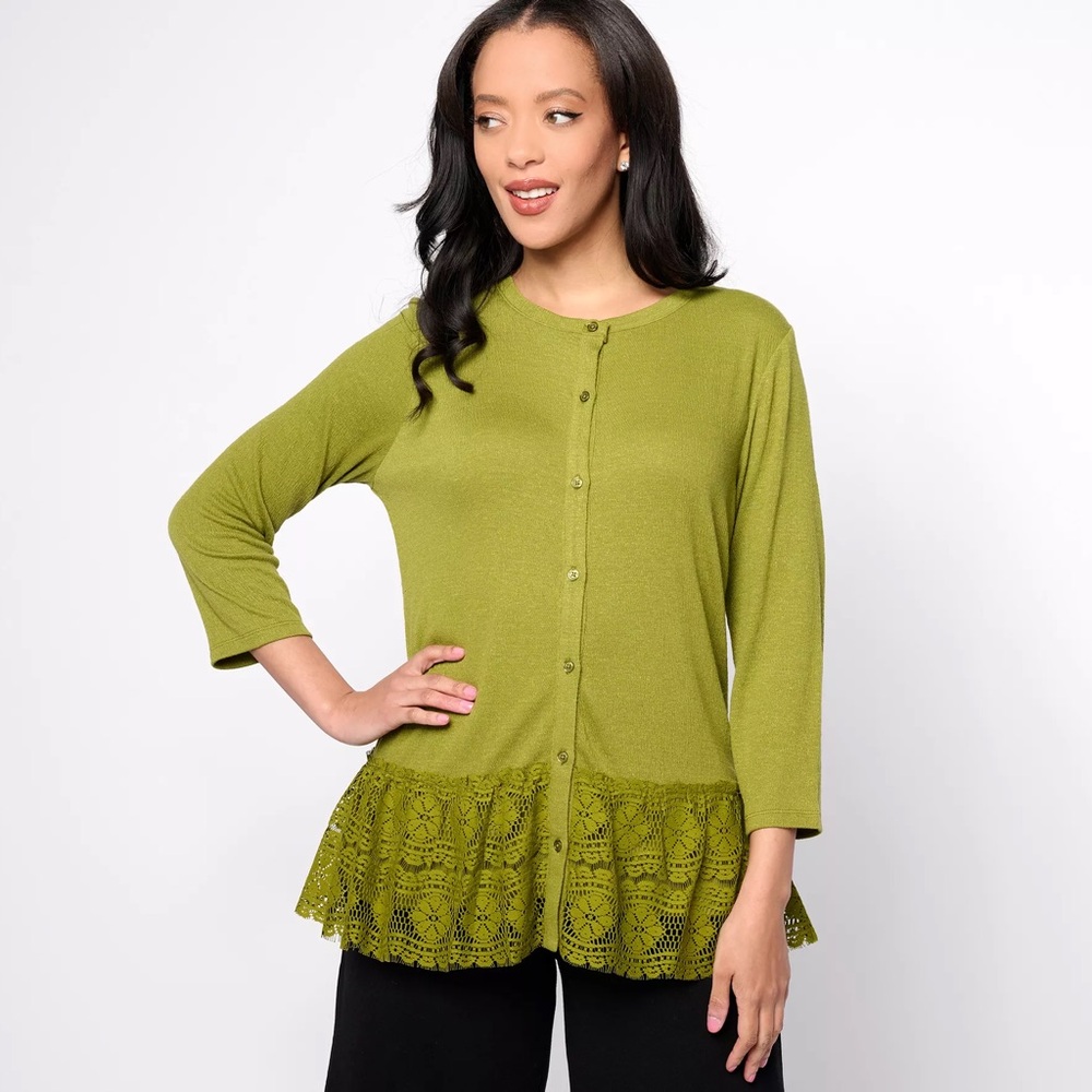 Olive Green 3/4 sleeve cardigan with crochet lace